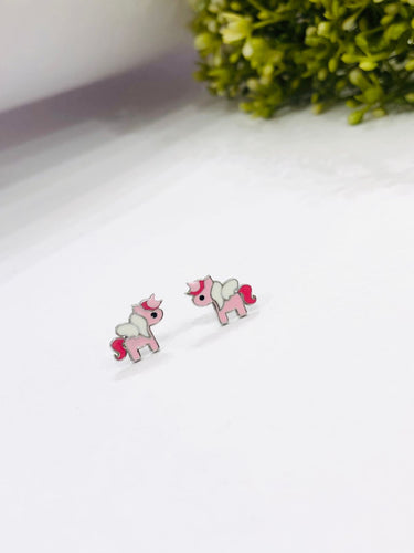925 Silver Pink Unicorn Earrings
